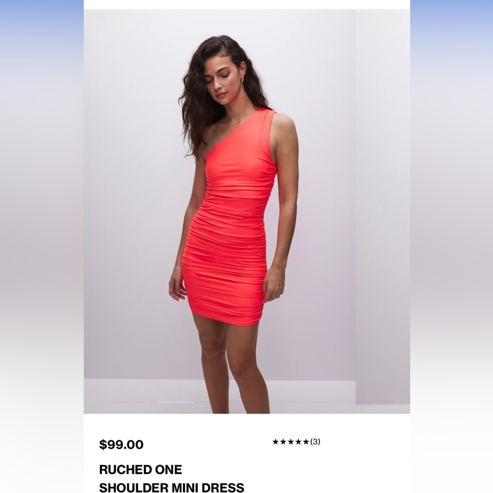 Nwt Good American RUCHED ONE SHOULDER MINI DRESS | FIERY CORAL